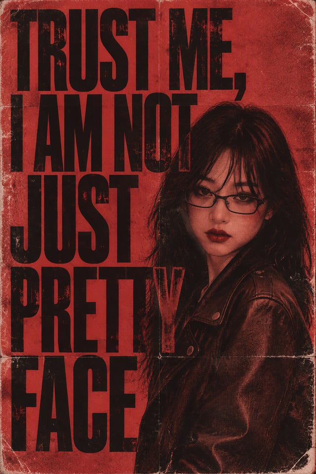 A distressed editorial poster features a confident young woman with long dark hair, rectangular glas