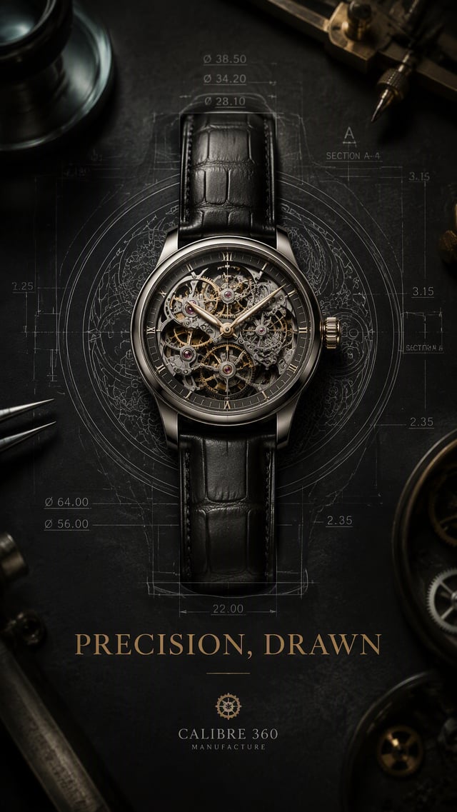 Premium 4:5 luxury watch advertising poster.A single mechanical watch placed on a dark work surface,