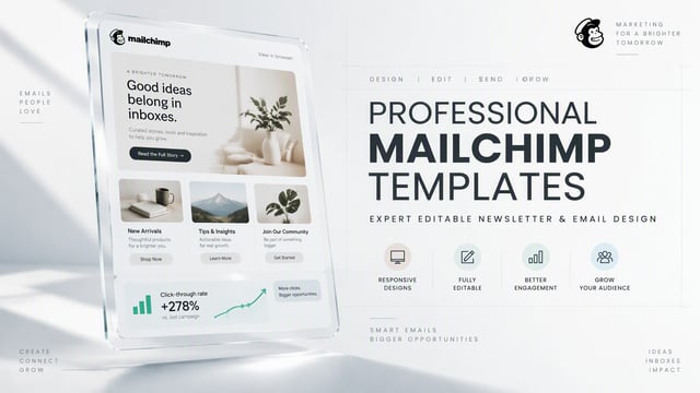 An ultra-sleek, minimalist email marketing presentation banner layout focusing on Mailchimp template