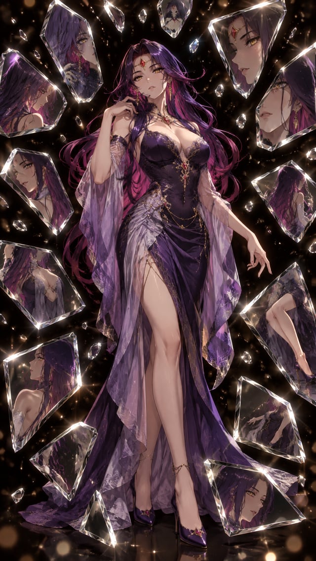 A full-body mature woman. She has long, flowing hair with a striking dual-tone color scheme. The out