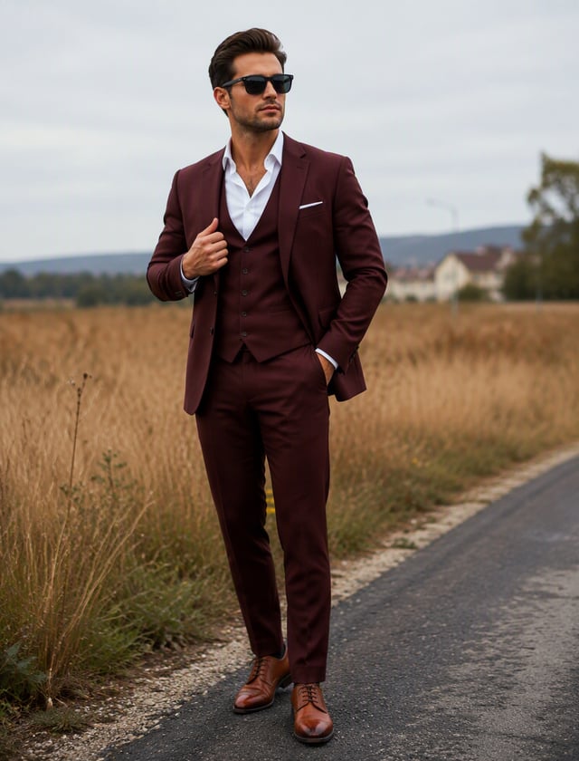 A sharply dressed young man stands confidently on the edge of a rural asphalt road, one hand in his 