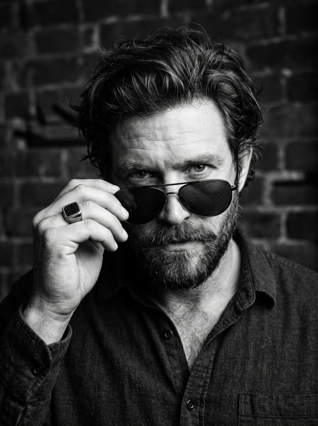A close-up, high-contrast black and white portrait of a man looking directly into the camera with an