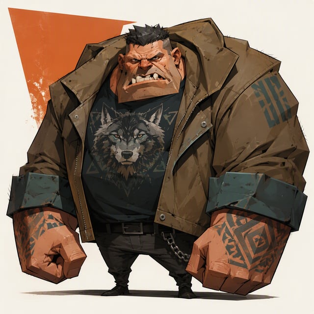 Massive top-heavy caricature built from a broad trapezoidal torso and tiny short legs; small wedge-s