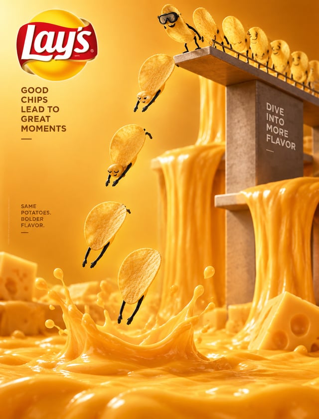 Vertical snack advertising visual with playful anthropomorphic tone. At the top, golden Lay’s potato