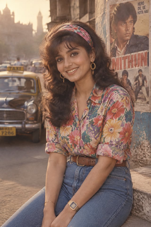 A retro 1980s Bollywood-style portrait of a young Indian woman smiling brightly outdoors on a vintag