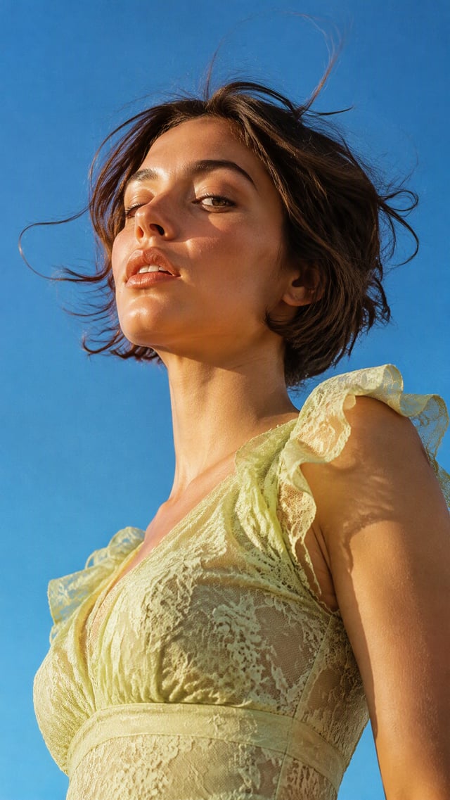Create a realistic vertical 9:16 photographed portrait. Subject and action: A single woman photograp