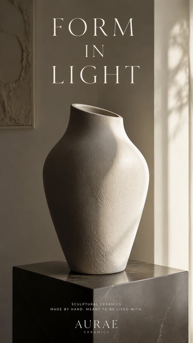Premium 4:5 advertising poster for a premium ceramic vase brand. A single sculptural vase standing o