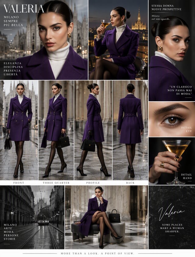 Valeria, an elegant Milanese muse, is presented in a multi-view fashion character board wearing a sh