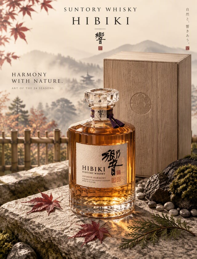 Create a collectible gallery-level product campaign for "SUNTORY HIBIKI / 響" Japanese Whisky.Camera 