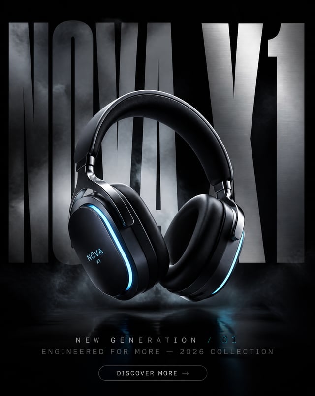 High-end commercial advertisement poster for fictional futuristic product called NOVA X1. Place prod