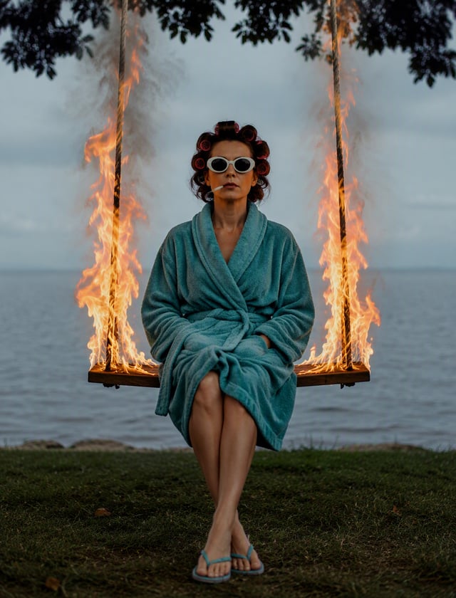 A woman sits motionless on a wooden swing above a grassy shoreline, wearing a teal terry-cloth robe,