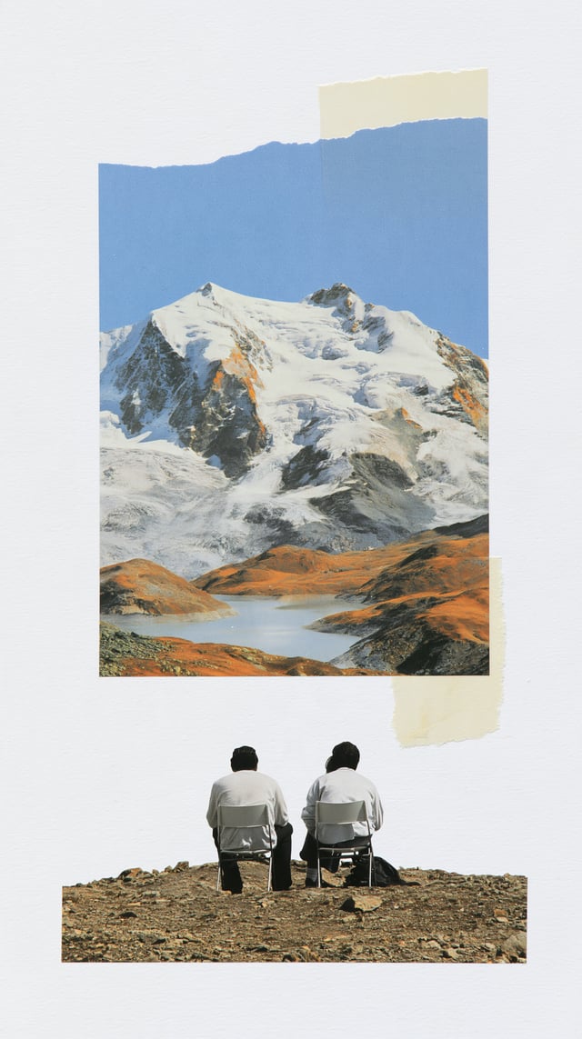 a mountain with a lake, one couple in front of…