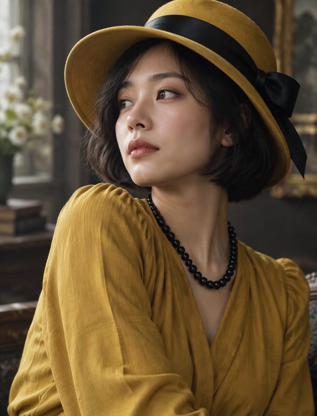 写实人像，半身肖像，年轻女性，黑色短波波头，身穿芥末黄上衣，佩戴黑色珠串项链，头戴配有黑色缎带的黄色帽子。身体微微转向画面左侧，头部回转，3/4 侧脸角度，头部轻轻上扬，观众视角的左肩（人物右肩）略微