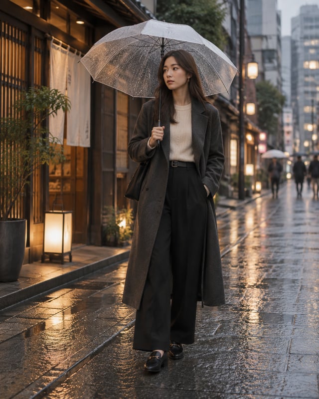 Subject: An elegant young woman wearing a long charcoal-gray tailored coat over a cream knit top, wi