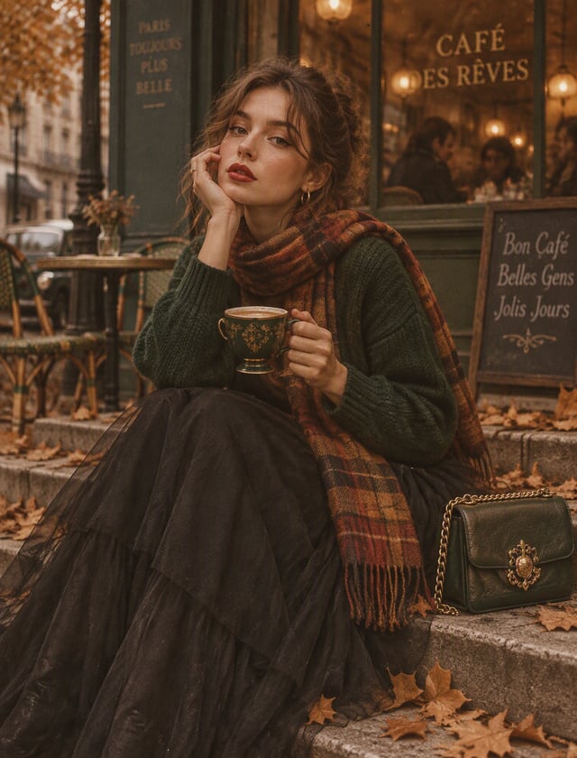 Aesthetic 1970s-inspired fashion portrait of a stylish young woman sitting on outdoor cafe steps, ho
