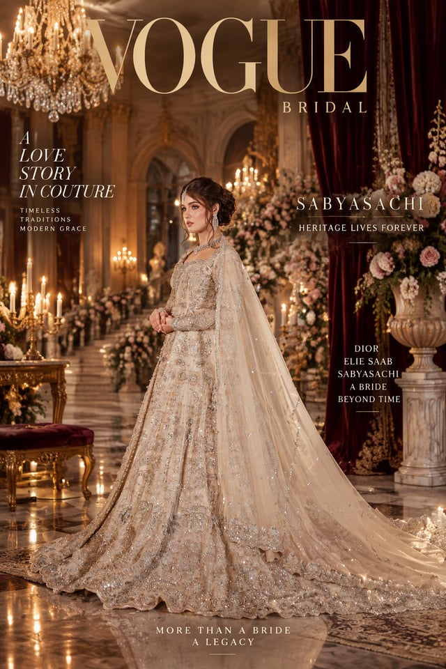 Luxury haute couture bridal fashion campaign inspired by elite Vogue, Dior, Sabyasachi, Elie Saab, a