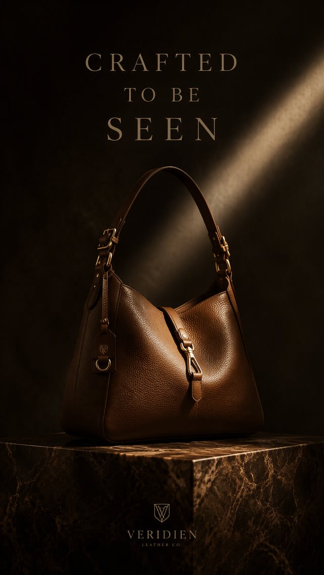 Premium 4:5 advertising poster for a luxury leather goods brand. A single leather handbag resting up