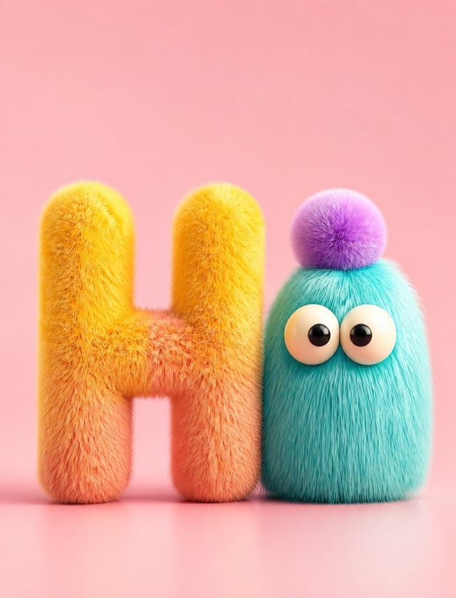 A whimsical fuzzy letter “H” stands upright beside a turquoise, long-fiber creature with oversized c