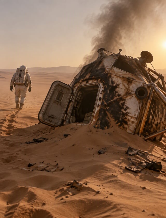 un astronauta en el desierto, el modulo lunar enterrado en la arena echando humo, la puerta abierta,