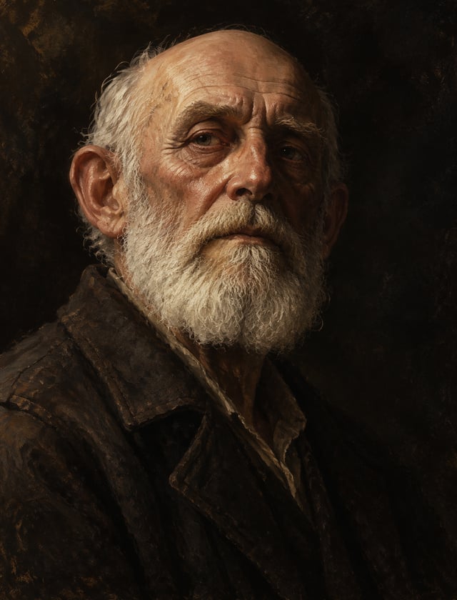 An elderly man with a bald crown, deep-set eyes, prominent ears, and a full white beard faces the vi