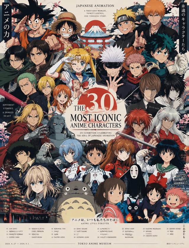 Flat poster design, an exhibition of 30 most iconic anime characters from Japanese animation, harmon
