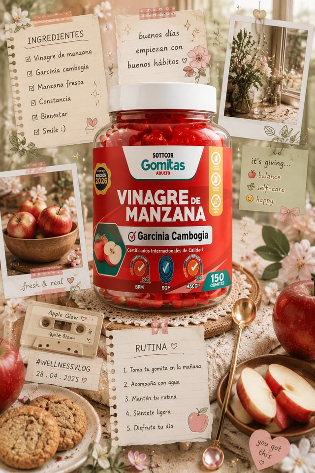 Cozy wellness journal aesthetic, apple cider vinegar gummy jar (imagen de referencia del producto) a