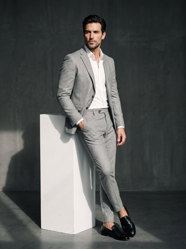 High-end fashion editorial portrait of an adult man, maintaining exact facial structure, identity, a