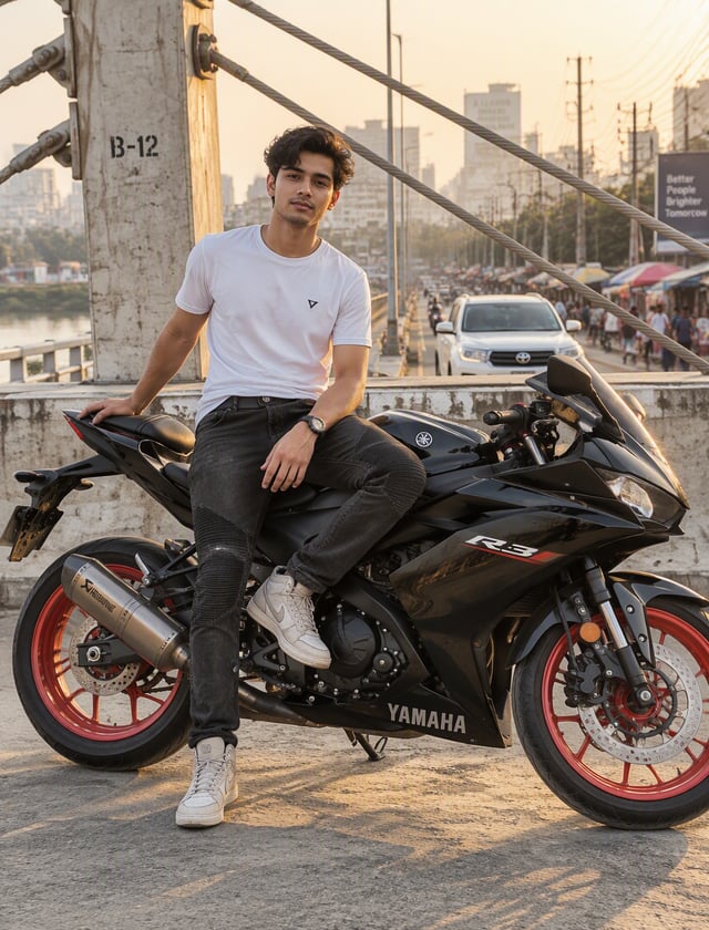 A young man sits astride a black sport motorcycle on a concrete bridge, one hand resting on the rear