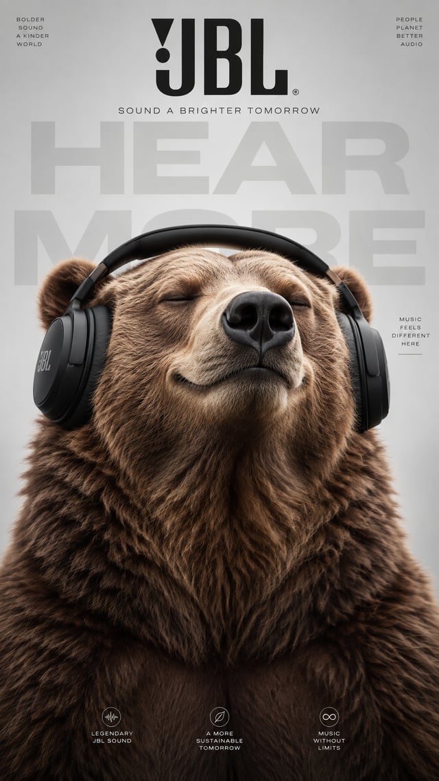 Ultra realistic commercial poster of a massive brown grizzly bear peacefully enjoying music while we