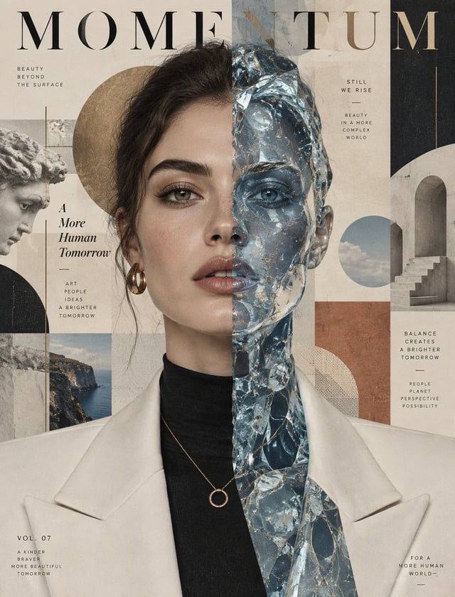 Create a museum-quality surreal editorial portrait of a striking young woman in a perfectly centered