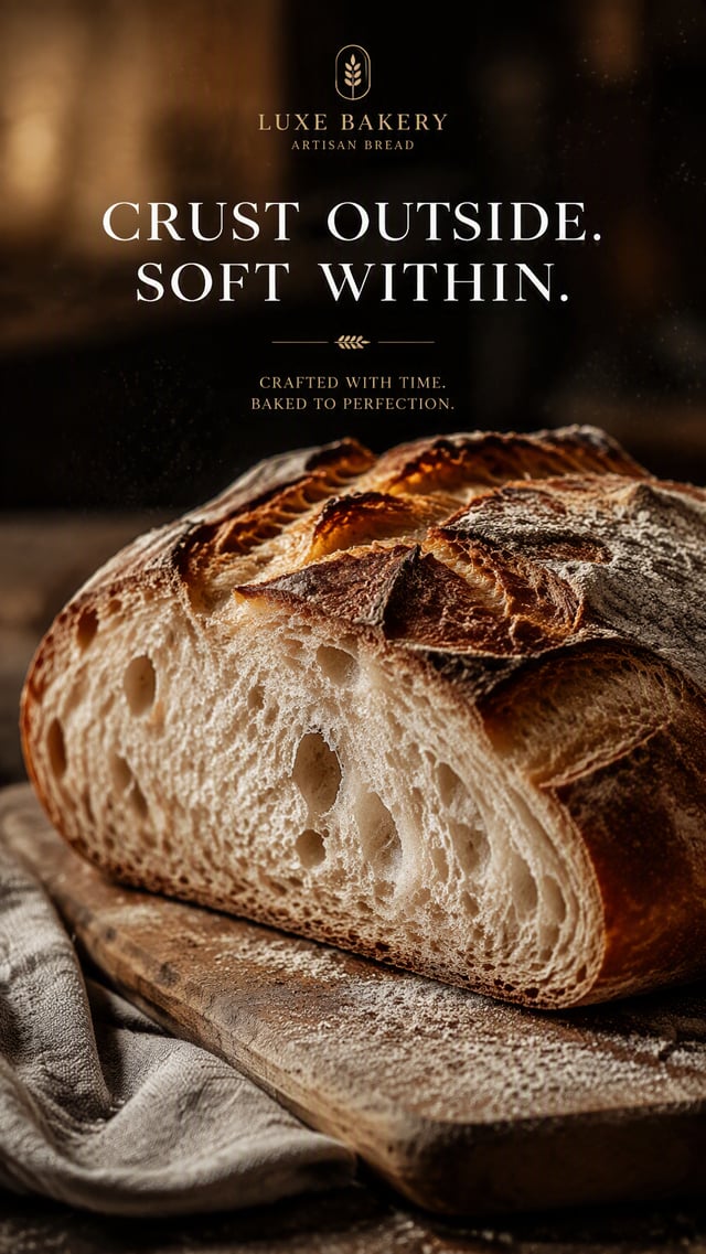 Premium 4:5 advertising poster for a luxury bakery brand. A freshly baked loaf resting on a wooden b