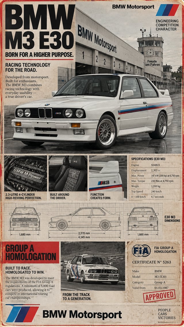 Vintage 1980s motorsport homologation poster, photorealistic automotive editorial collage. A pristin