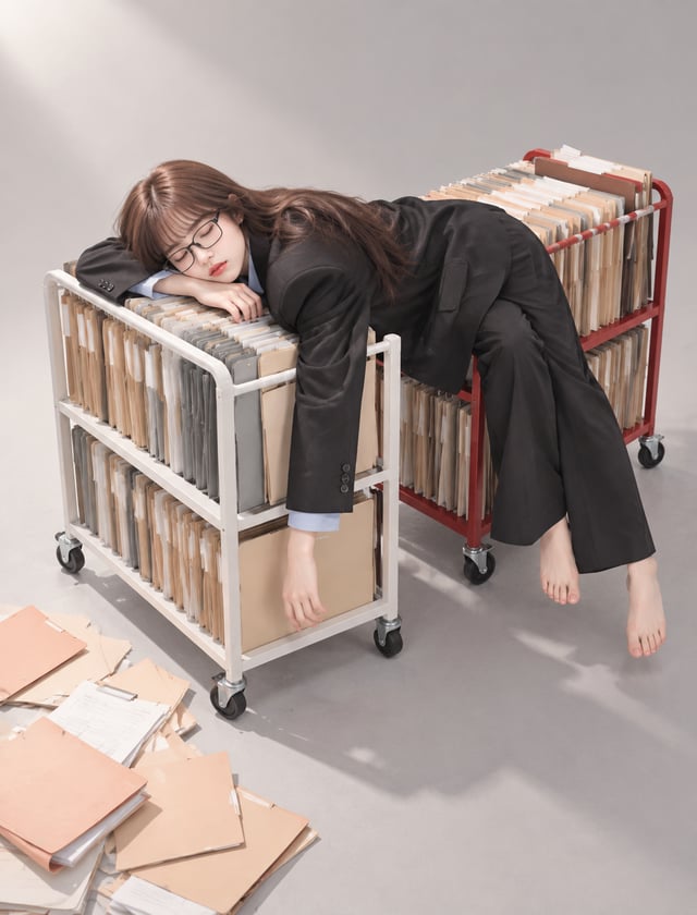 A tired office worker in a black oversized suit and rectangular glasses slumps asleep across two whe