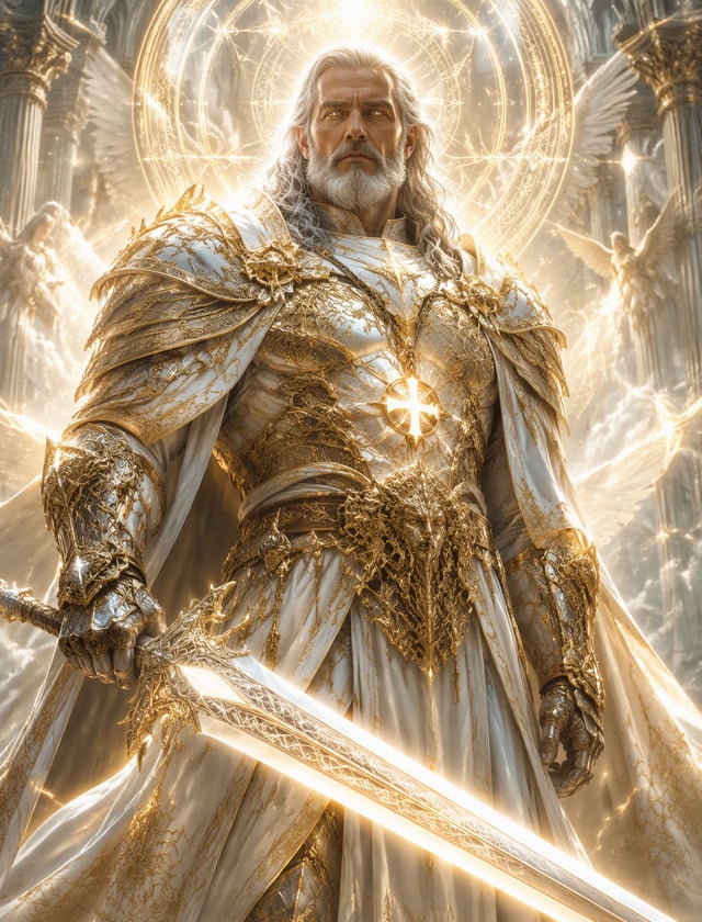 Create a hyper-realistic high-fantasy character portrait of an ancient paladin or holy warrior, embo