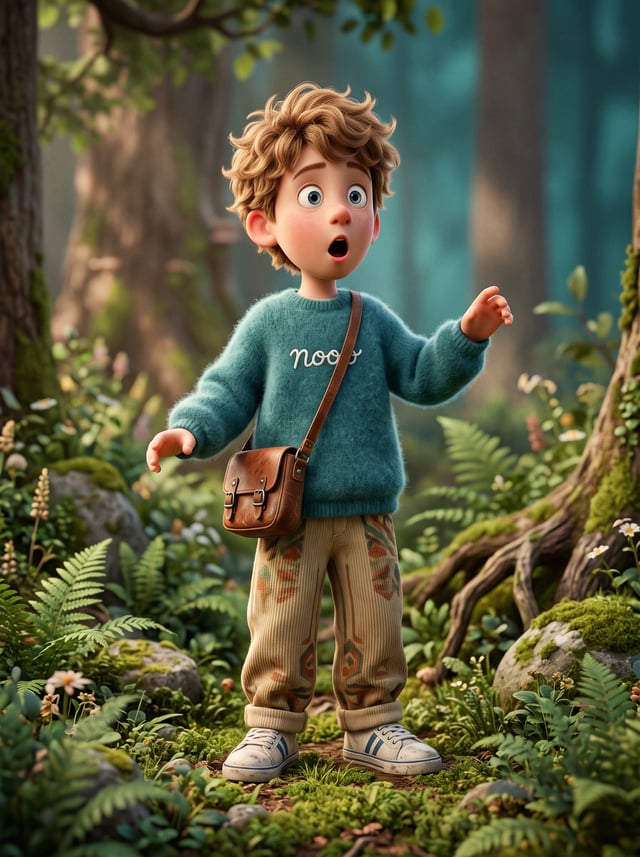 3D Pixar-style animated monkey character, cute young boy with messy brown hair and big expressive bl