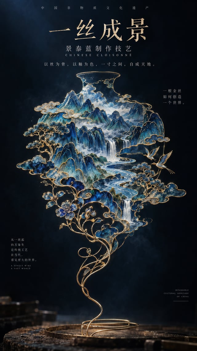 竖版高级艺术海报，主题为中国非物质文化遗产「景泰蓝制作技艺 / 掐丝珐琅」，核心概念「一丝成景」。整张画面围绕“一根金丝如何创造一个世界”展开。画面中央，一根极细、真实、精致的金色铜丝从画面底部缓缓向