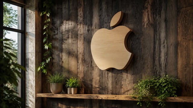 A large 3D light-wood Apple logo mounted on a vertical rustic dark-stained reclaimed timber wall, ac