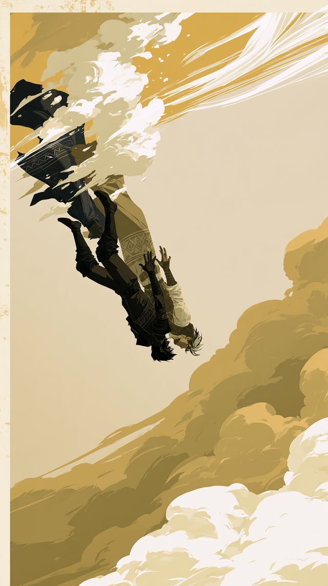 Two characters falling head first straight downward through vast layered clouds, both upside down, h