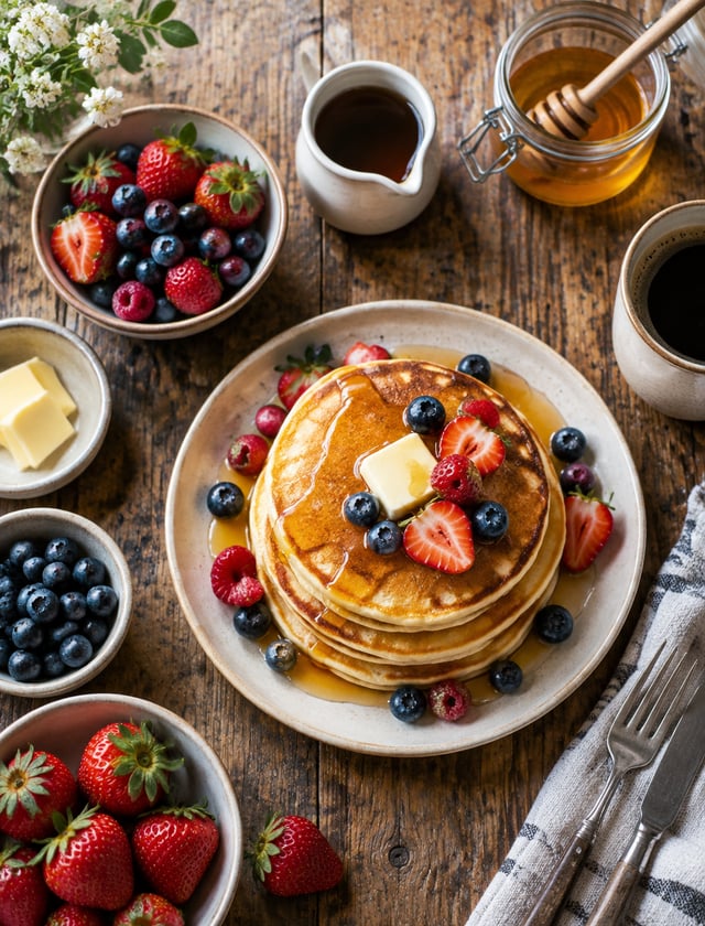 "Top-down shot of a rustic breakfast spread — pancakes, berries, honey drizzle, on a wooden table, n
