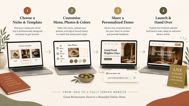 A clean 16:9 horizontal infographic illustration showing a four-step restaurant website agency workf