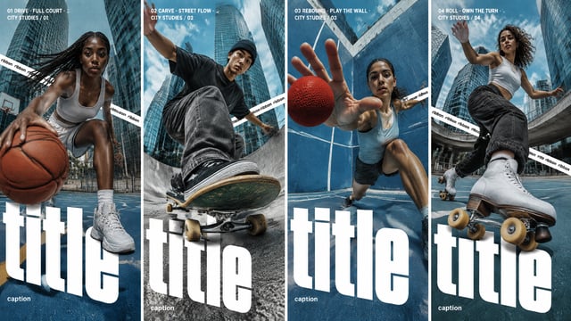 Create a full-bleed urban sports editorial poster, 9:16.