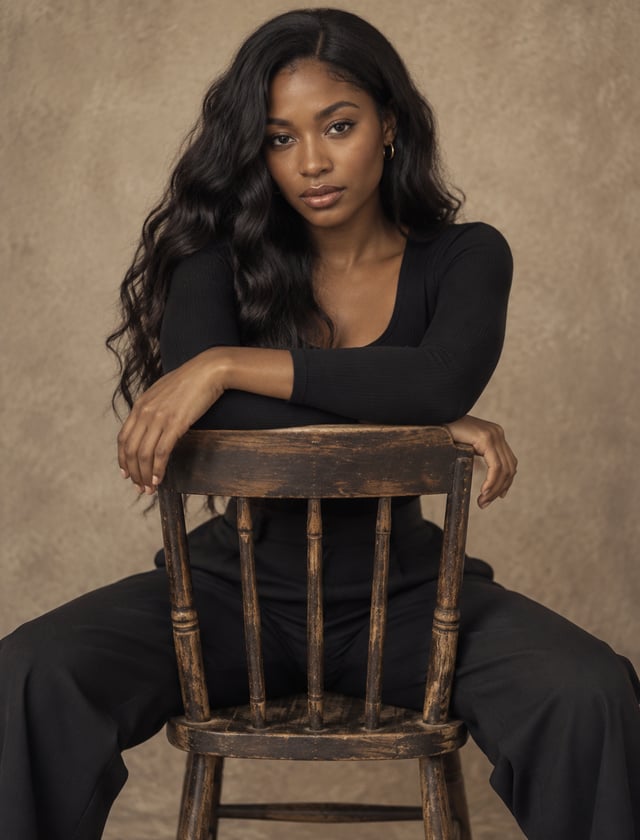 Subject & Pose: A 25-year-old Black woman with long dark wavy hair, wearing a black long-sleeve top 