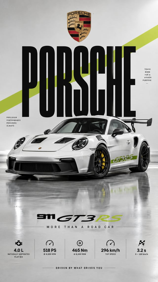 Photorealistic automotive advertising poster featuring a white Porsche 911 GT3 RS, shown in a low ey