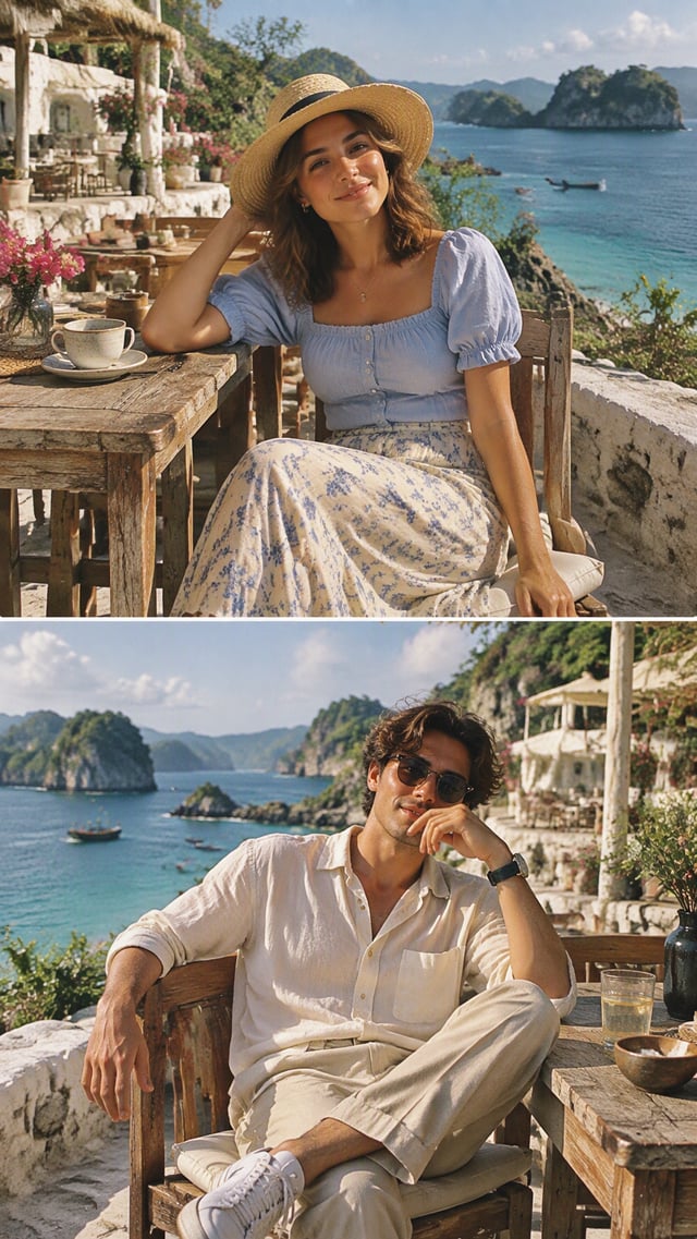 Create a photorealistic late-1990s summer travel editorial as a matched two-image diptych: two disti
