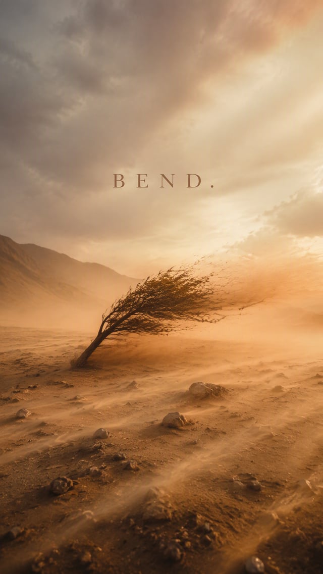 Create a premium 9:16 weather editorial. Main Subject: A lone tree bent sideways by strong desert wi