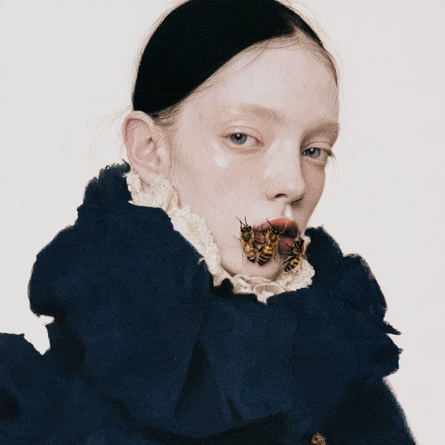 Una bellissima creatura, pelle color porcellana, influenze russe imperiali, come un'ape regina, sgua