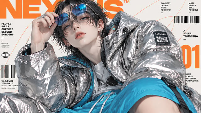 A stylish androgynous young man leans toward the viewer while lifting reflective blue sunglasses thr