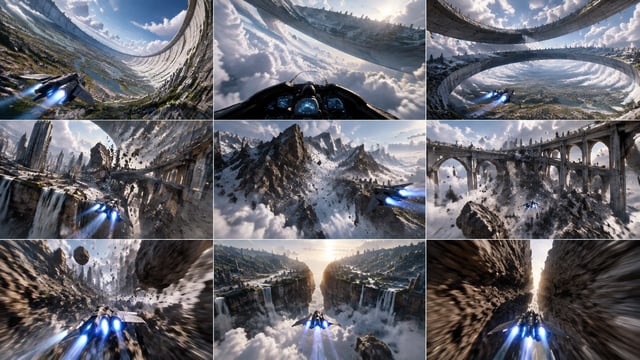 15-second cinematic sci-fi action sequence, 16:9, ultra-realistic, impossible scale, vibrant colors,