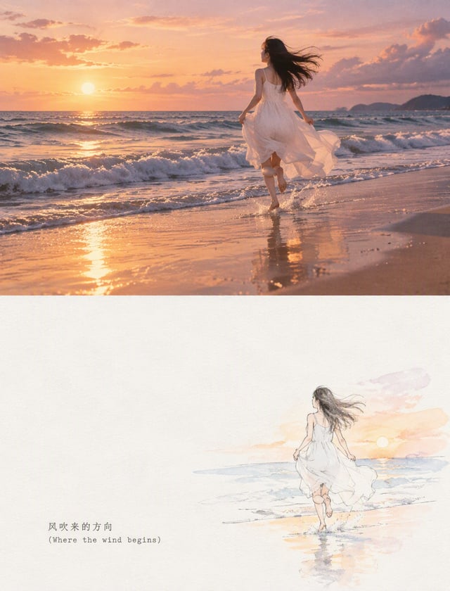### 🌟 3:4 竖幅双分海报：海边黄昏与逐浪少女[💡 核心构图与规格]- 画布比例：竖幅 3:4 海报- 版面分割：画面上下精确 50:50 等分，无任何边框、边线、相框或分界条。- 视觉风格