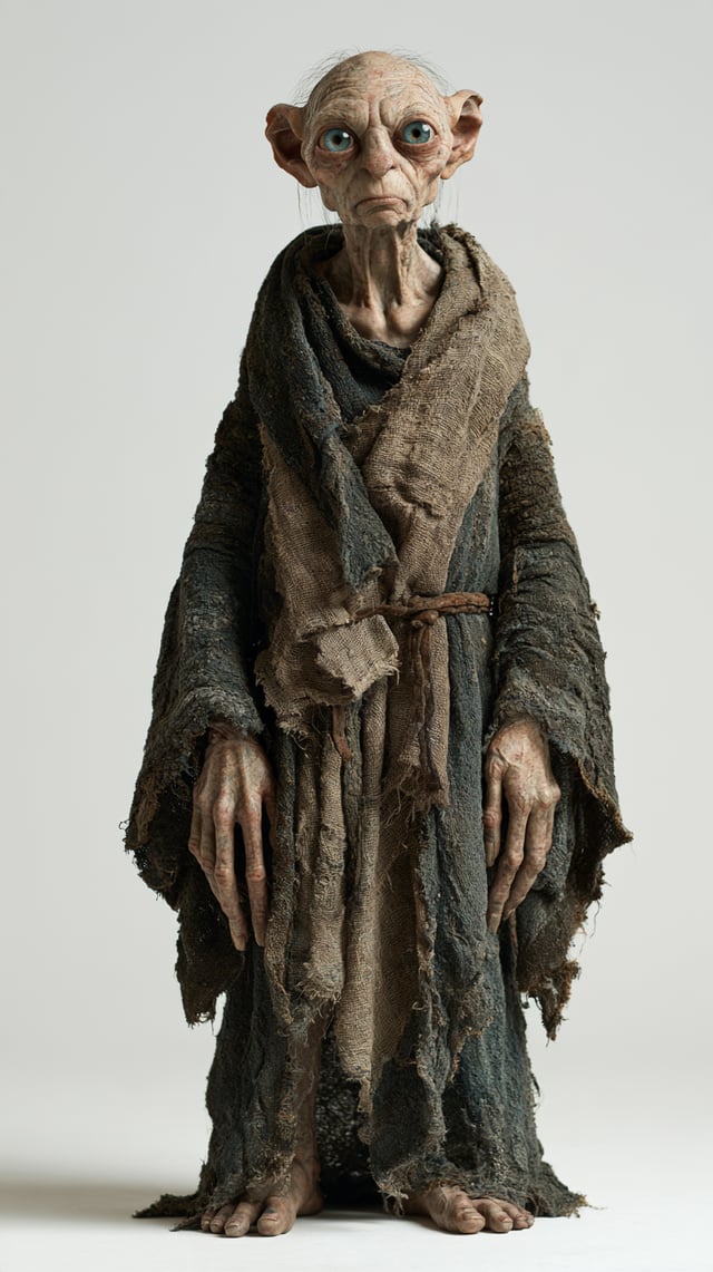 Full-body front-view character design of a strange ancient humanoid cave creature standing upright i